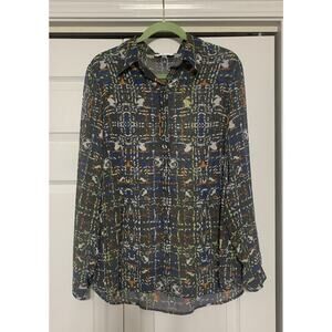 Cabi Blouse Multi Color Geometric Semi Sheer / Sheer button front Top Blouse L